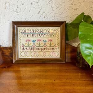 Vintage Cross Stitch Sampler Framed Alphabet Needlepoint Cottagecore Farmhouse